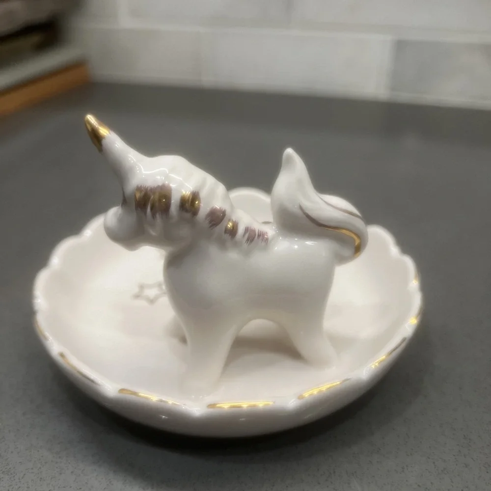 Unicorn Gold Accent White Ceramic Porcelain Trinket Ring Jewelry Dish Glossy